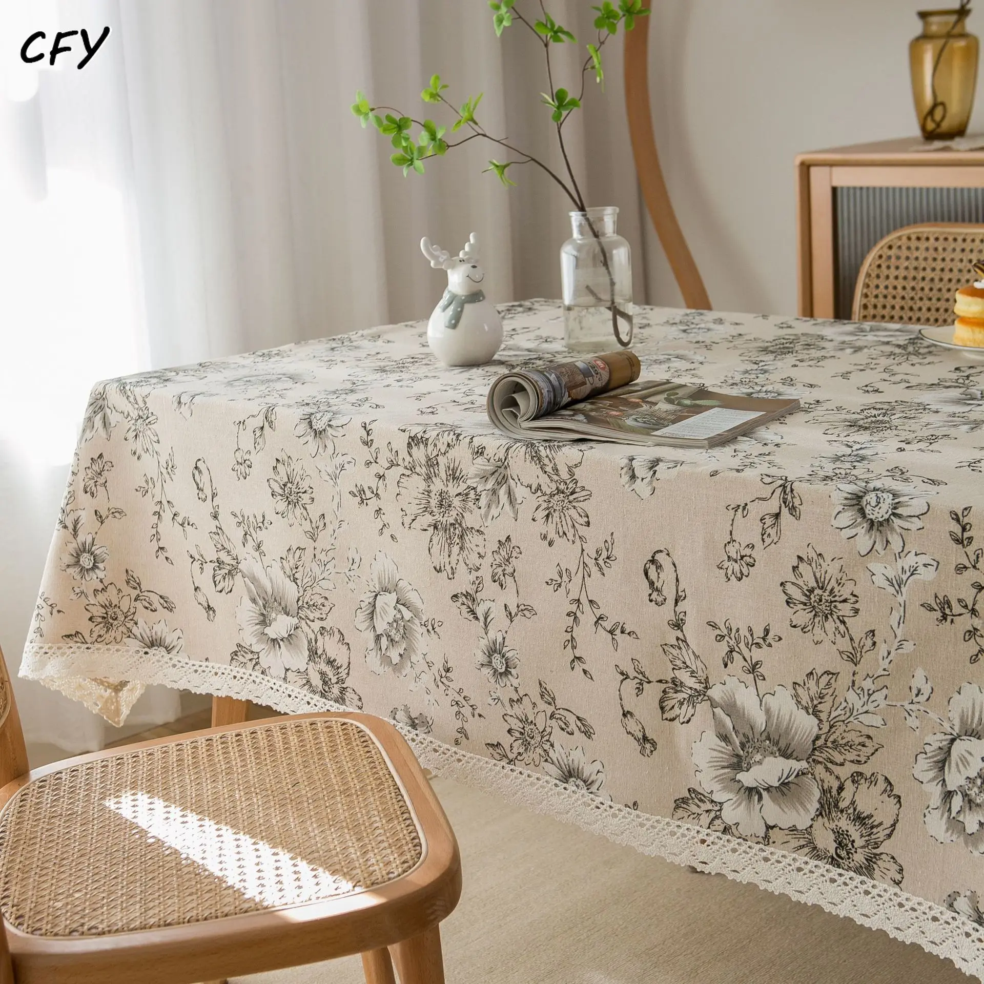 

Cotton Linen American Style Rural White Peony Rectangular Table Cloth Kitchen Table Map Towel Tablecloth