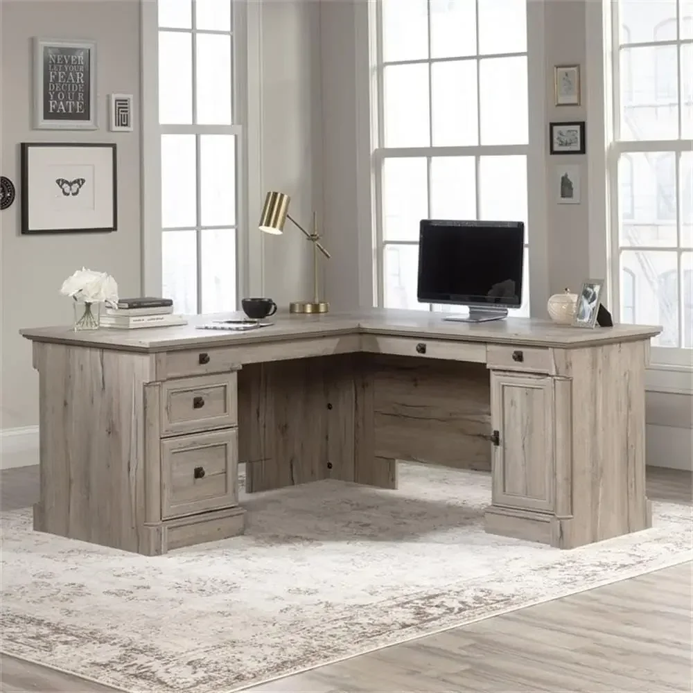 65 x 69 Modern Engineered Wood L-Shaped Desk with Storage, Drop-Down Panel, Grommet Holes for Home Office, Split Oak Finish