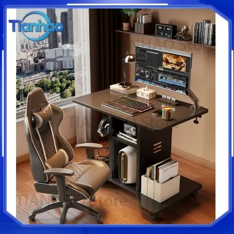 80CM Wooden Compact Home Office Desk with Casters for PC Tower Bedside Table All-in-One Gaming Desk for Small Spaces