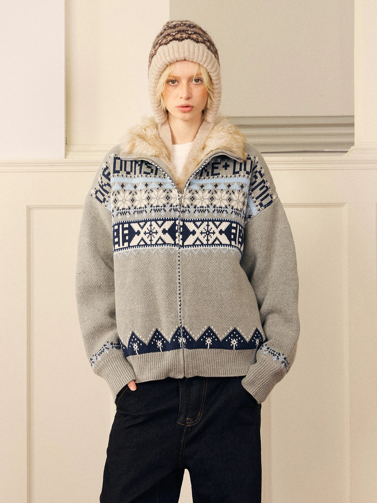 

Soft Comfortable Fitted Vintage Lazy Sweater Done Island Eagle Design Cotton Polyester Blend Long Sve Zipper Closure K...