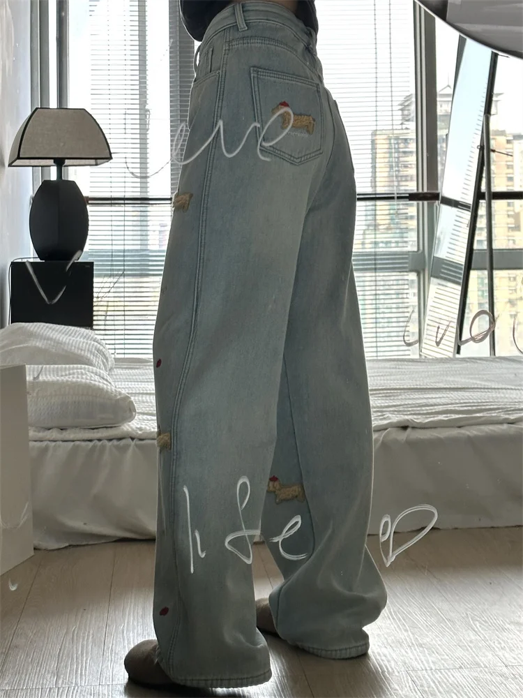 시사스 자수 장식 데님 청바지 여성 플러스 사이즈 와이드 레그 팬츠 루즈 슬림핏 바닥 길이 캐주얼 하이웨이스트