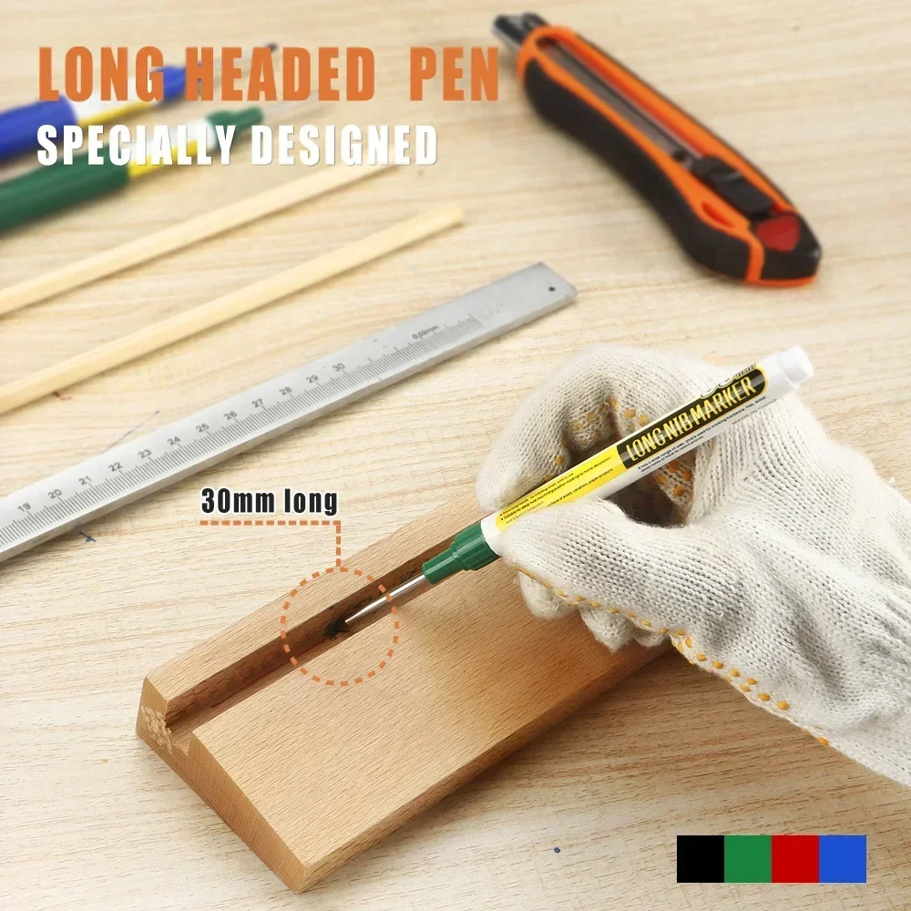 4/10 Pcs 30mm Waterproof Deep Hole Long Head Nib Markers Black/Blue/Red/Green Ink for Carpenter Pen Multi-Purpose Woodwork Tools