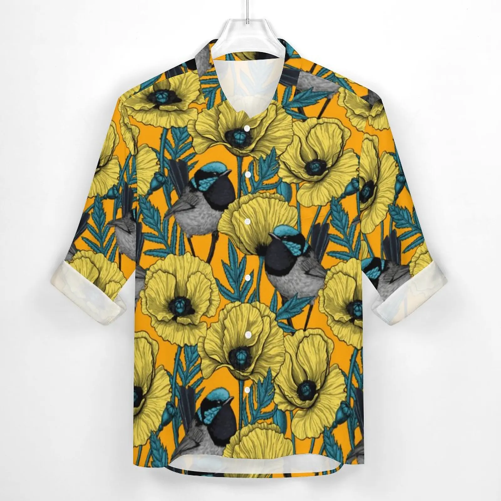 Cute Birds Print Shirt Autumn Yellow Flower Casual Shirts Man Trending Blouses Long Sleeve Graphic Aesthetic Clothing Plus Size