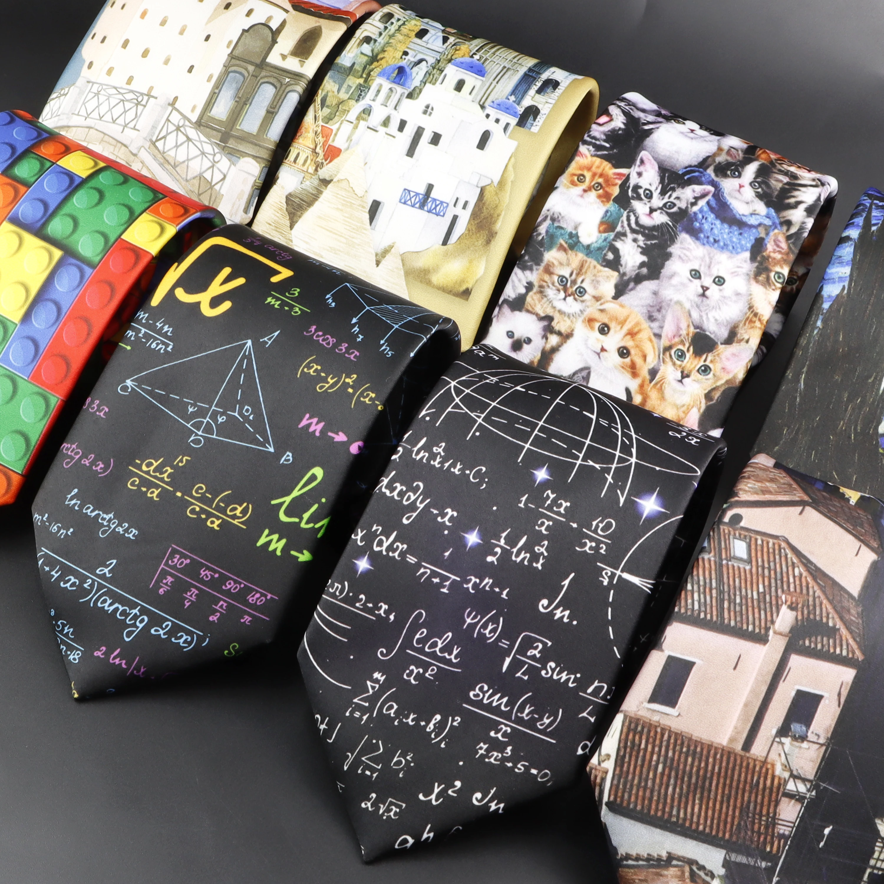 Men's Vintage Imitation Silk Ties 8cm Animal Mathematical Formula Architecture Retro Printing Necktie Party Suit Shirt Accessory