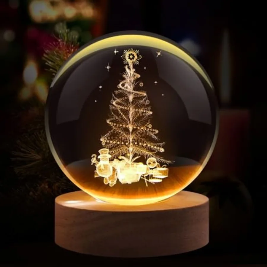 3D Crystal Ball Night Light - LED Light Hologram Glass Lamp w/Solid Wood Base, USB Powered Crystal Ball Lamp w/Adjustable Brigh