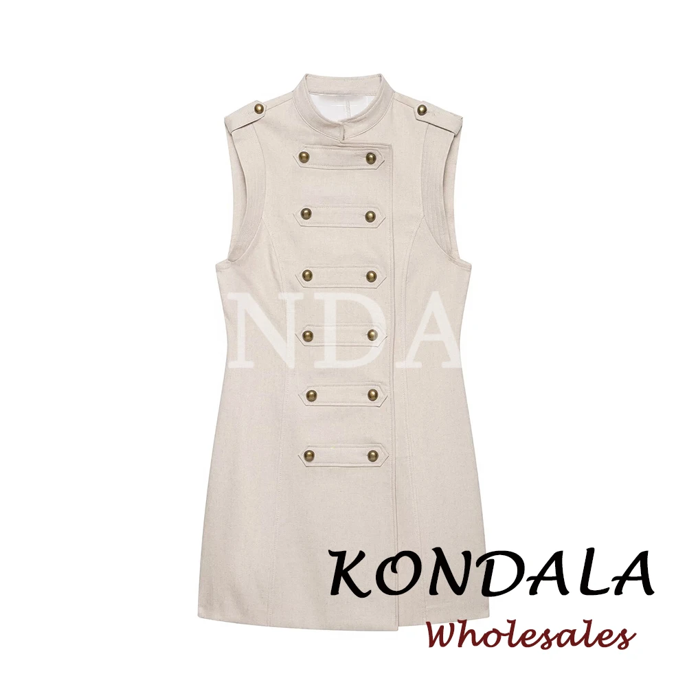 KONDALA Schickes Khaki Gerades Damen-Minikleid Mode 2026 Sommer Doppelreihiges Kleid Ärmellos Modern Lässige Vestidos