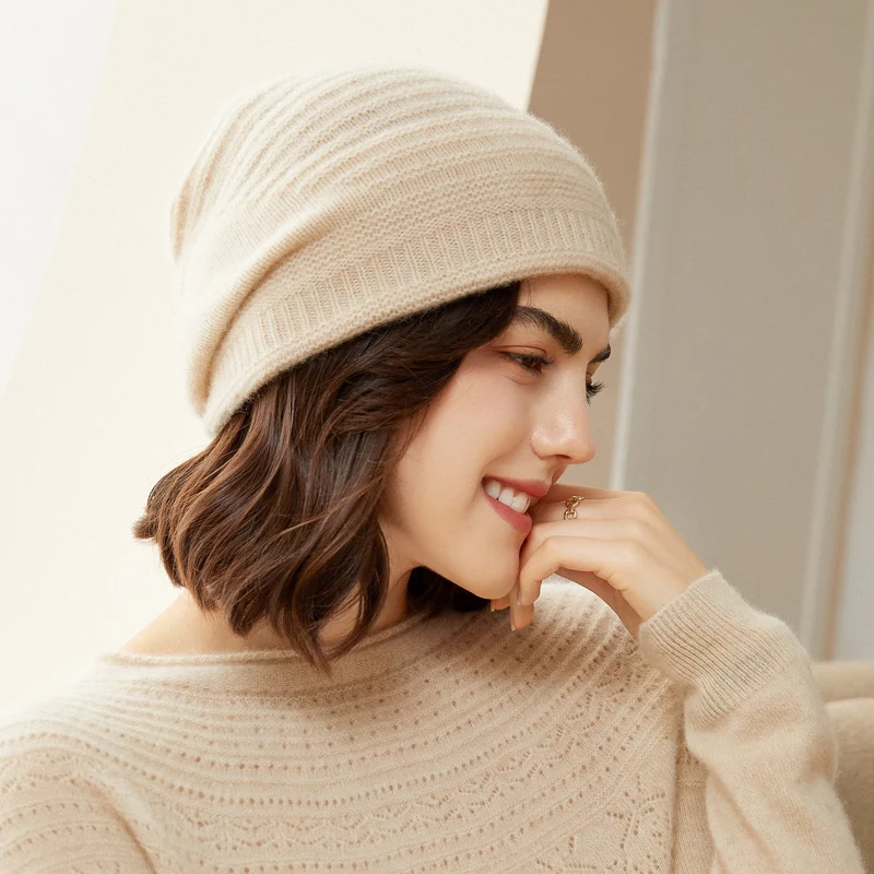 Female Hat 100% Goat Cashmere Knitted Hooded 3Colors Soft Keep Warm Hats For Ladies HG01