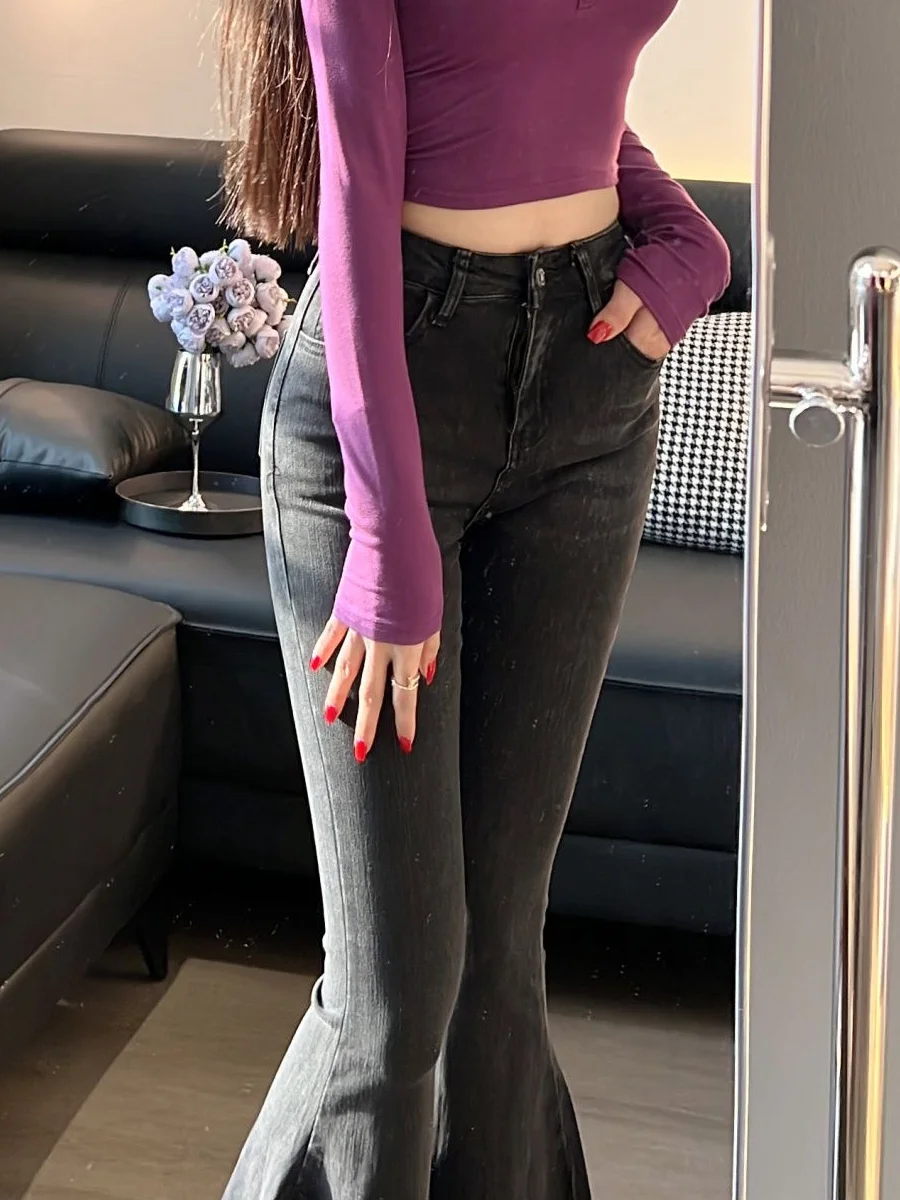 Slimming High Waist American Retro Denim Jeans Women's Tight Fitting Cheek Enhancing Black Fish Tail Flared Long Trousers