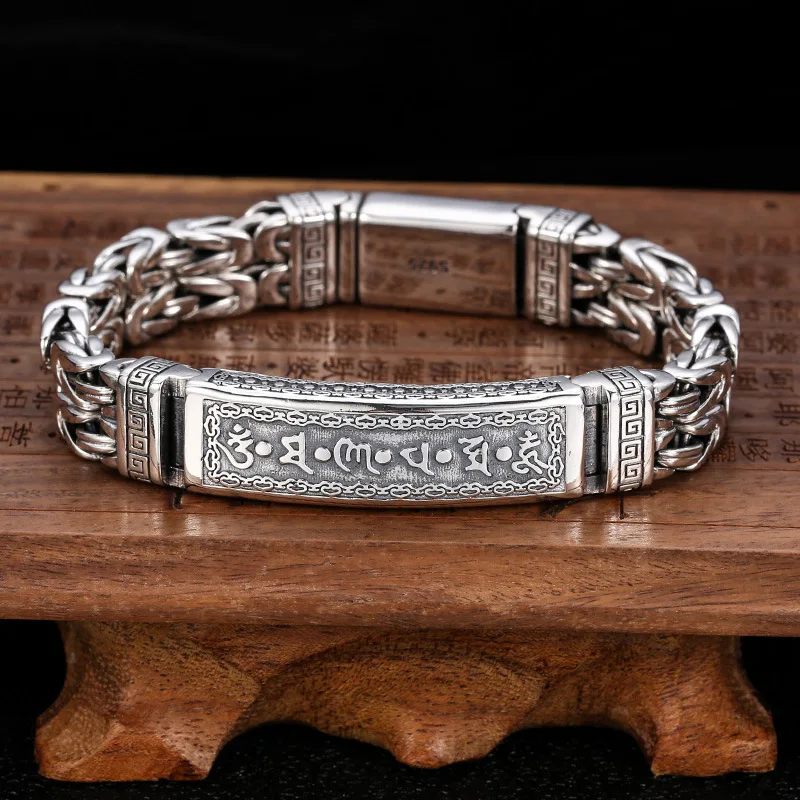 

s925 sterling silver hand jewelry trendy men's Thai silver retro safety pattern personality six words mantra bracelet