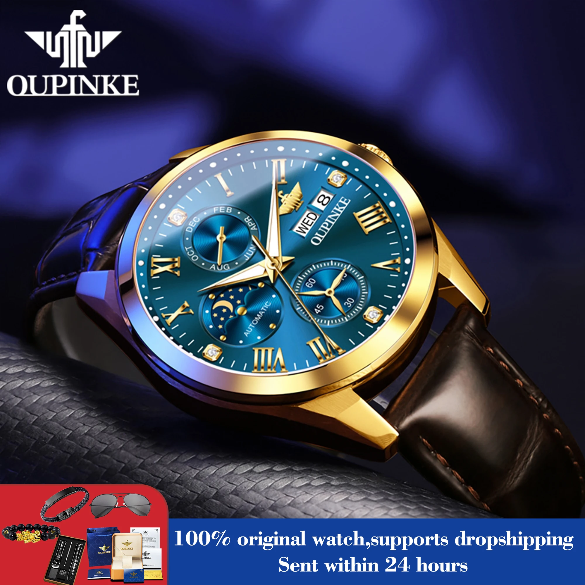 

OUPINKE 3300, мужские автоматические часы, римская шкала, оригинальные механические часы для мужчин, фаза Луны, дата, роскошные деловые мужские ручные часы