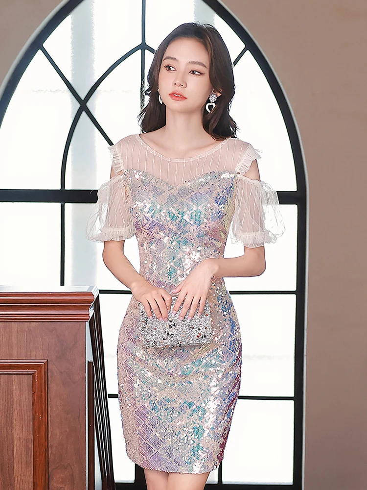 

iny Sequin Dr Host High-End Luxury Cusized Evening Par Adult Wear Sparkling Korean Sle Zipper Fitted ort Skirt
