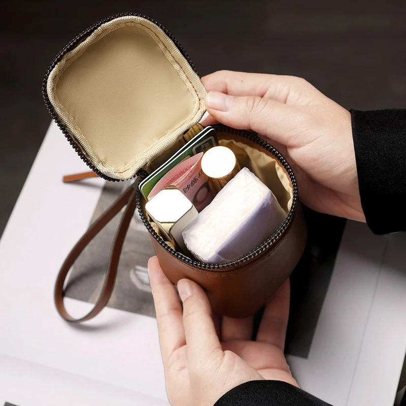 Vintage Leather Cosmetic Bags Cute Women Small Lipstick Makeup Bags Pouch Data Line Key Earphone Organizer Case