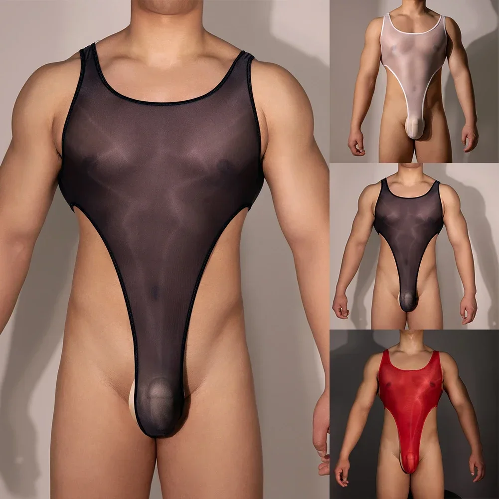 Barboteuses transparentes à coupe haute pour hommes, justaucorps en maille extensible, justaucorps dos nu, costume de batterie brillant à l'huile, lingerie gay, 7.0