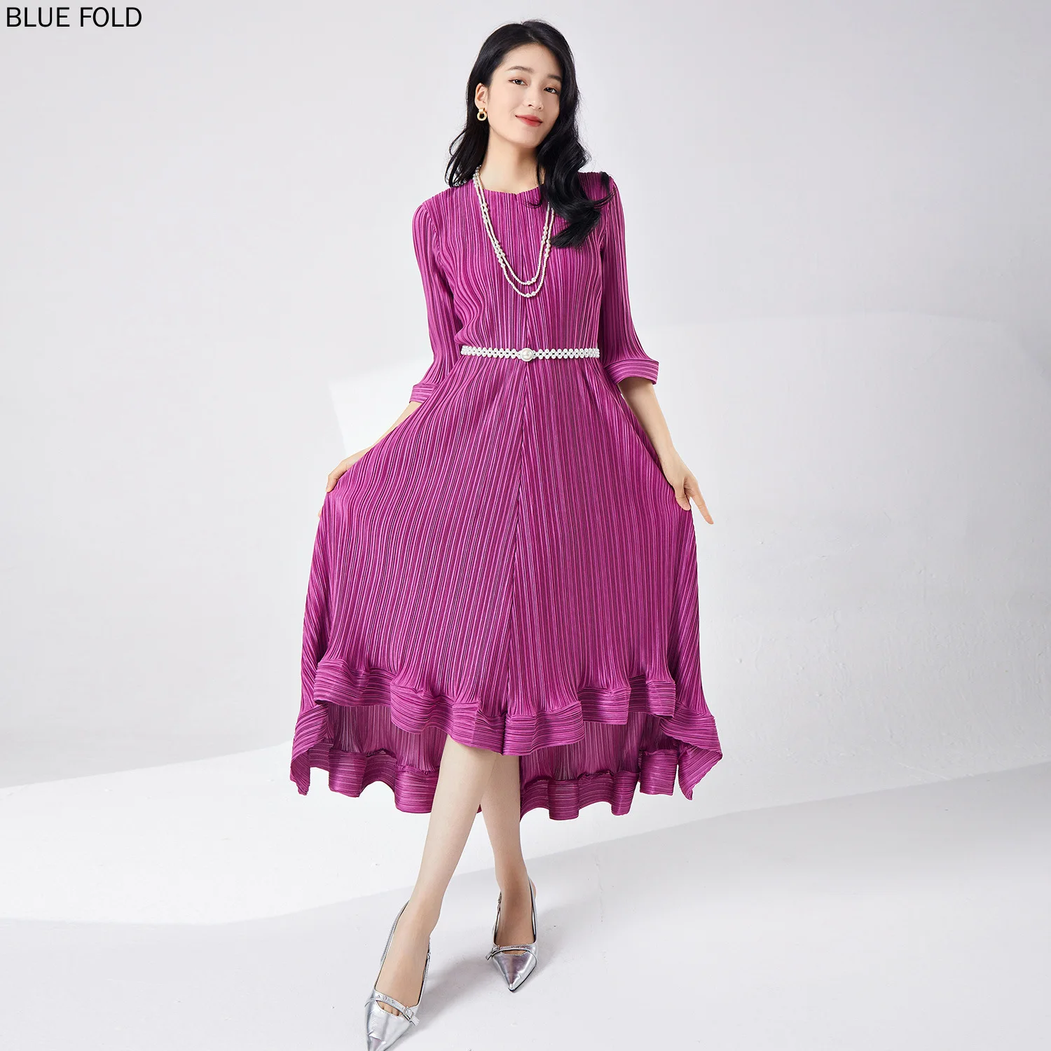 Miyake Summer Dress for Women High-grade Five-point Sleeves Loose Lace-up Irregular Temperament Elegant French Dress PLEATS Robe