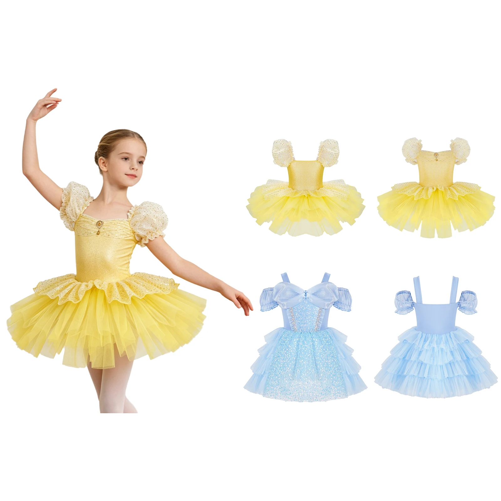 Ruched Ruffled Ballet Tutu Skirt for Girls Kids Shiny Sequin Classic Ballerina Dress for Dance Performance Recital & Graduation