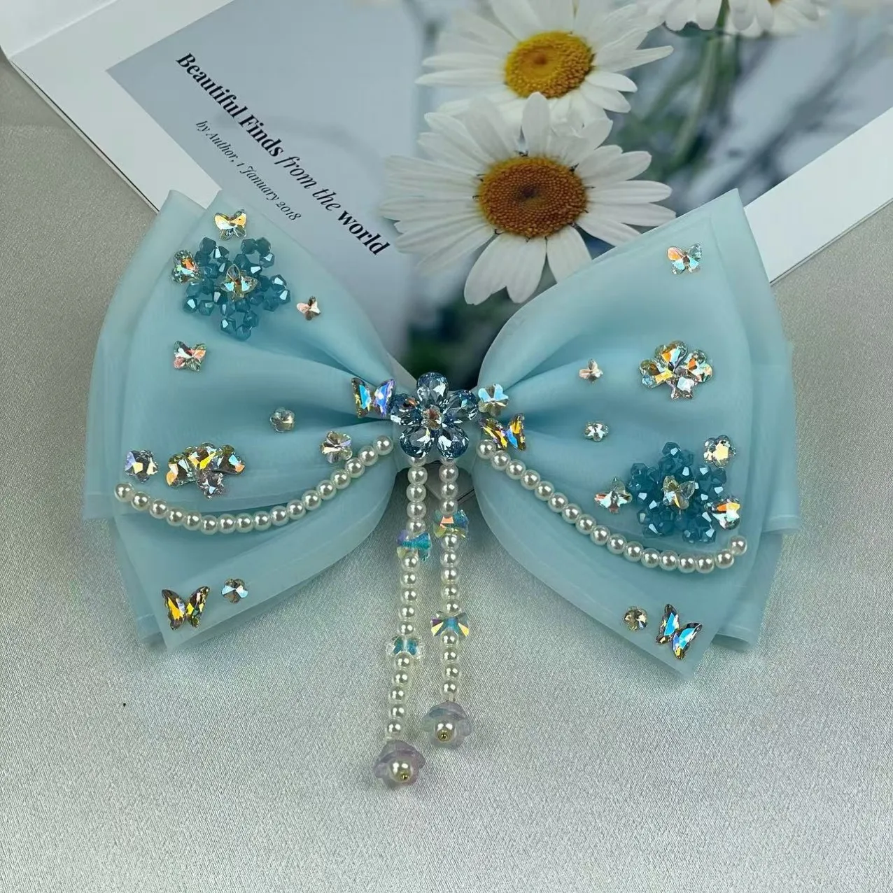 

Сверхмощный четырехслойный органза в корейском стиле со стразами и жемчугом и кисточкой, бант, аксессуар для волос, верхняя заколка, пружинный зажим