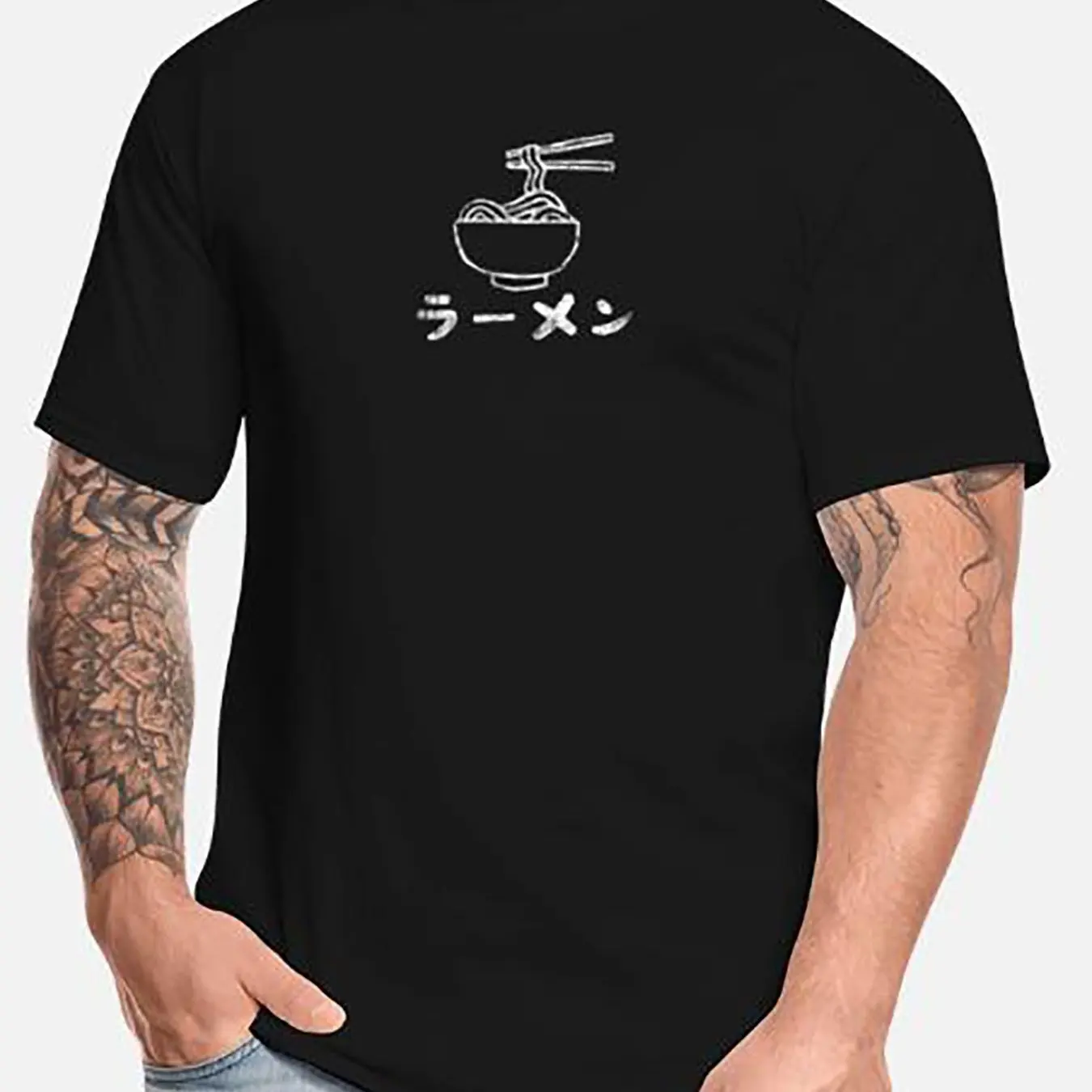 Camiseta con gráfico de tazón de ramen japonés y palillos, para hombre y mujer, de algodón negro, informal, con diseño de comida