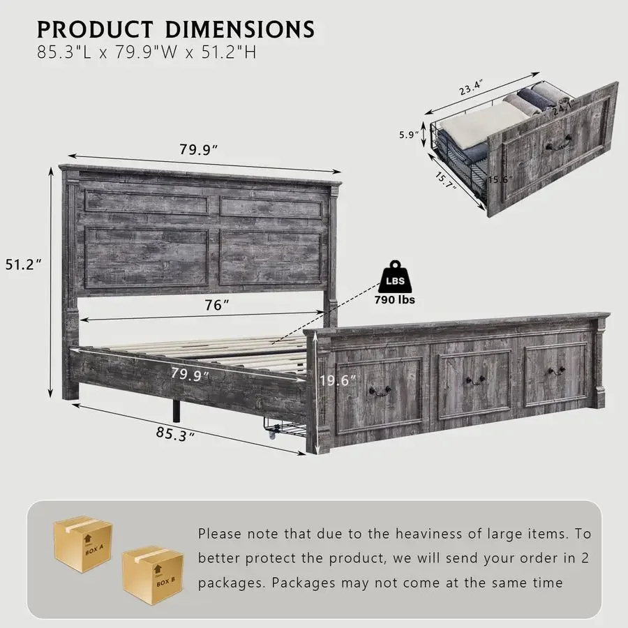 Farmhouse King Size Bed Frame with Storage