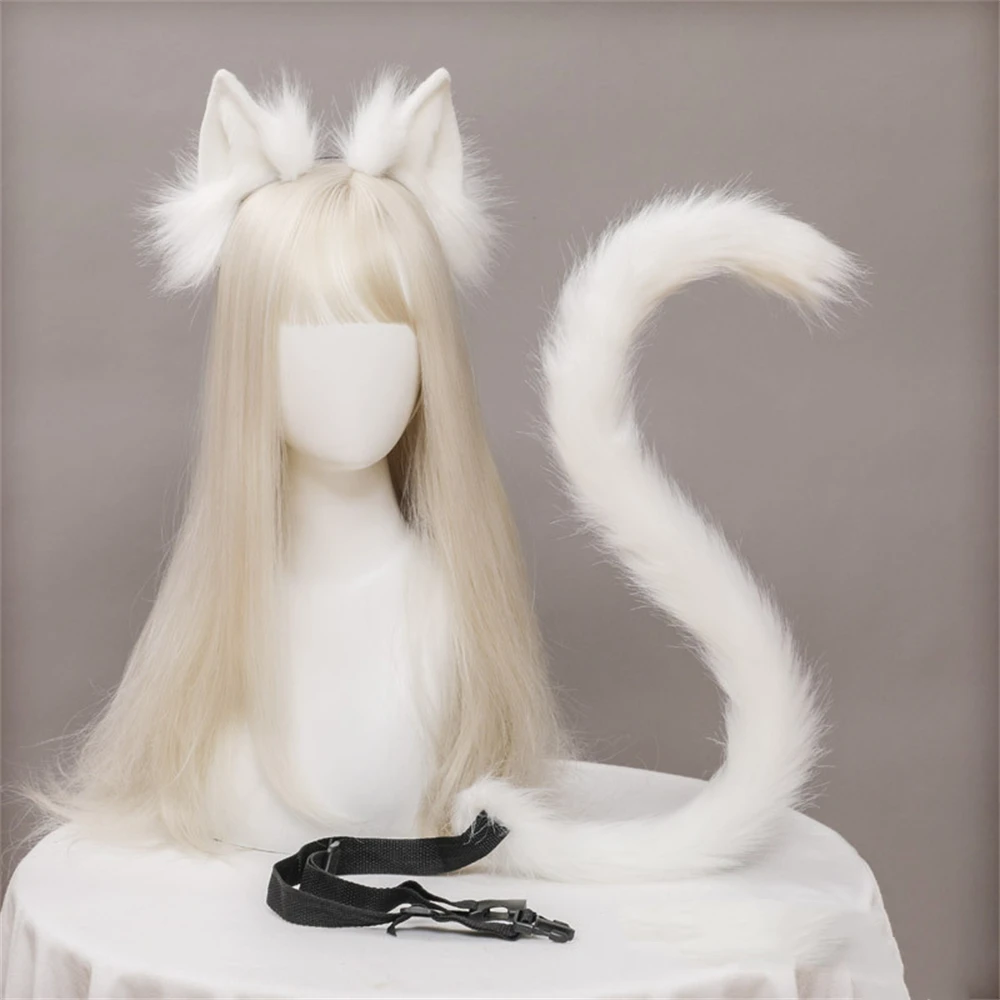 Plush Cat Ears Headdress Cosplay Adjustable Headband Cat Tail Cosplay Accessories Simulation Animal Ears Halloween Suit Gift