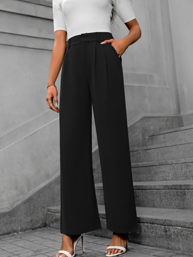 

Women's Trouser Solid Loose Casual Pants Commuting Temperament Work Pants Pocket High Waist Wide Straight Leg Suit Pants