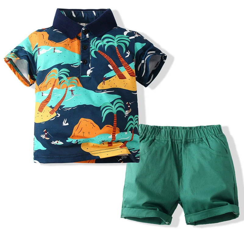 

2Piece Summer Kids Clothes Boys Outfit Set Fashion Casual Beach Print Short Sleeve Cotton Tops+Shorts Baby Luxury Clothing BC632