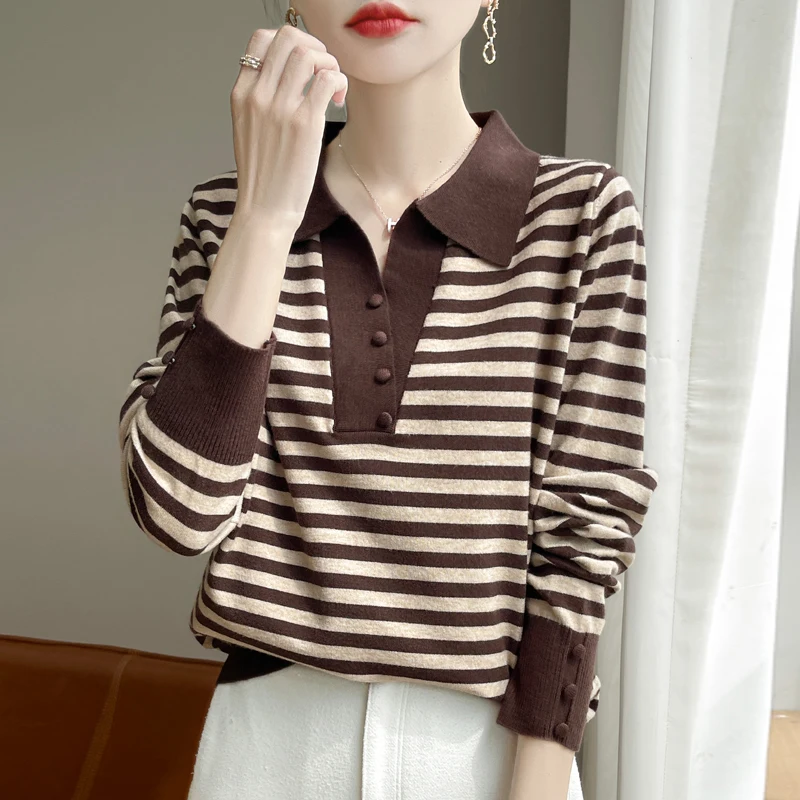 2024 Autumn Winter New Autumn Winter Striped Cashmere sweater Women lapel Neck Cashmere Sweater Soft Sweaters Women