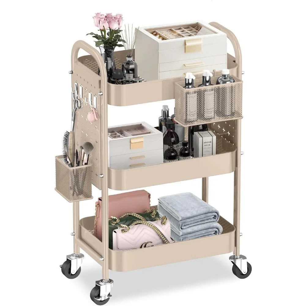 

3-Tier Rolling Utility Cart with DIY Pegboards, Wheels & Baskets for Office Kitchen Bathroom Storage