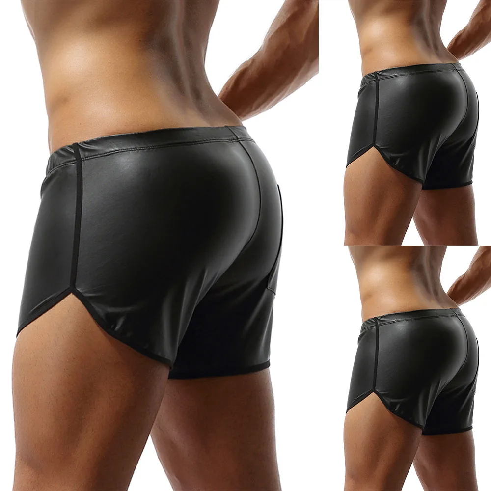 Men\'s Sexy Soft Leather Short Pants For Sex Latex Pocket Underwear Sexy Bottom Male Patent Leather Fetish Hot Pants Sexi