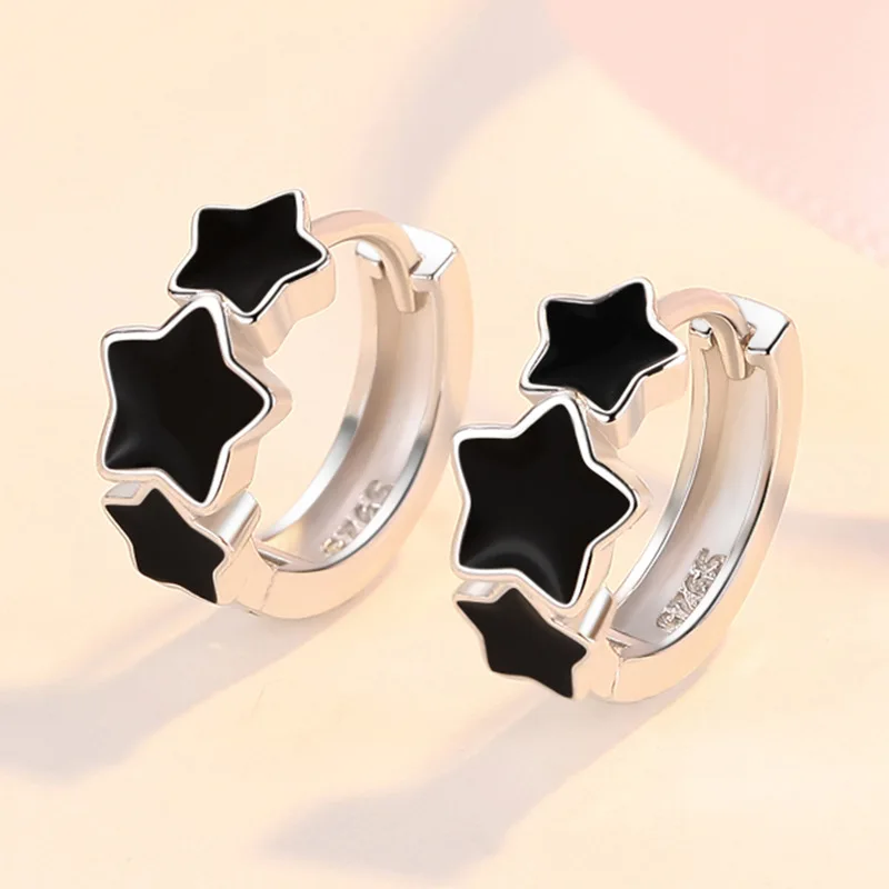 KOFSAC 2022 New Trendy 925 Sterling Silver Hoop Earrings Female Jewelry Glamorous Chic Black Star Earring Women Birthday Present