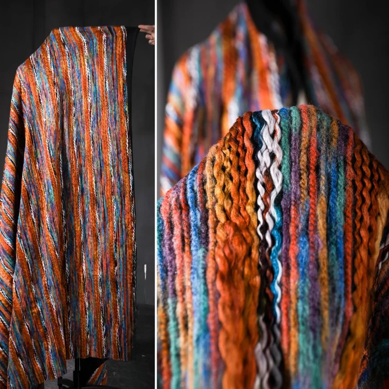 Orange Blue Jacquard Contrast Small Fried Dough Twists Knitted Fabric Color Thick Thick Stripe Knitted Fabric