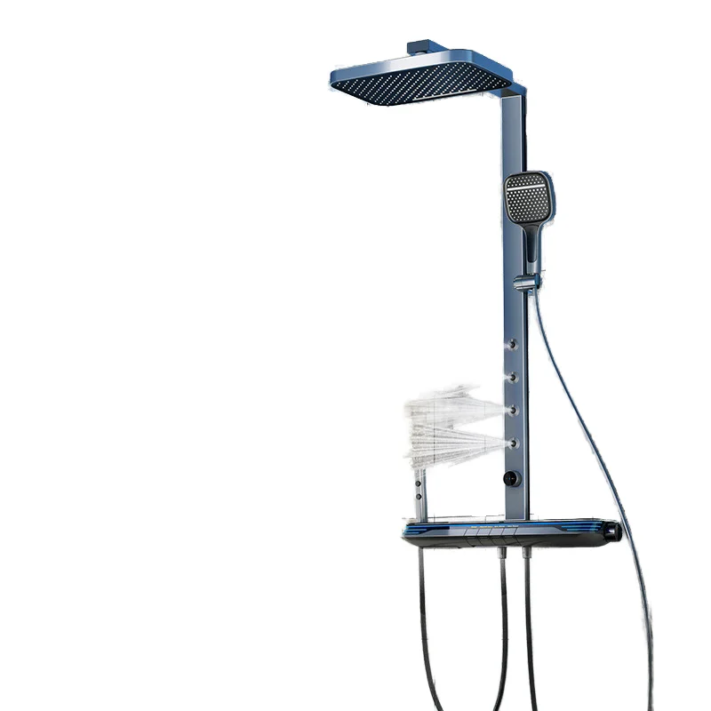 Inteligentny zestaw prysznicowy LED z cyfrowym wyświetlaczem, czterofunkcyjny, mosiężny, polerowana kwadratowa głowica prysznicowa, ceramiczny deszczownica, podciśnieniowy, do pleców, SPA, do mieszkania.
