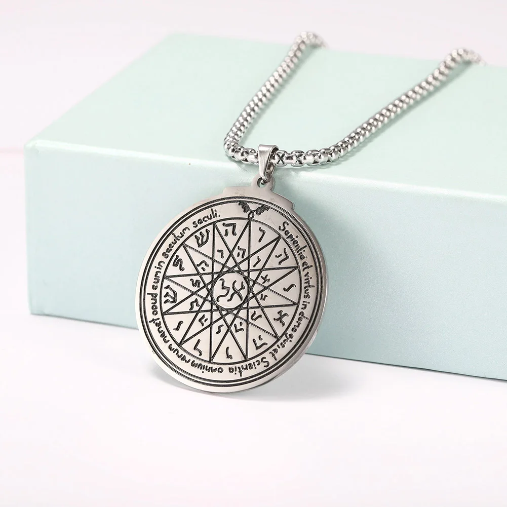 VASSAGO Stainless Steel Fourth Pentacle of Mercury Pendant Necklace Key of Solomon Seal Round Charm Wide Chain Talisman Jewelry