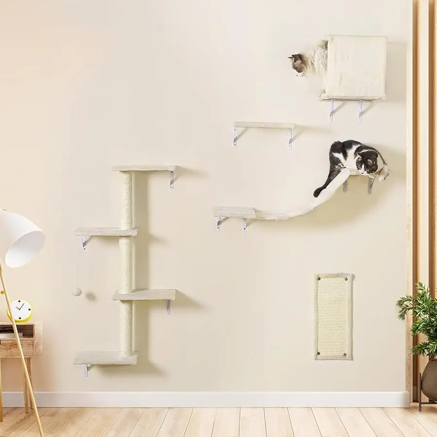 

Modern Wall-Mounted Cat Furniture - 5pcs Cat Wall Shelves, Wooden Climber Includes House, Bridge, Tree, Steps, and Scratcher
