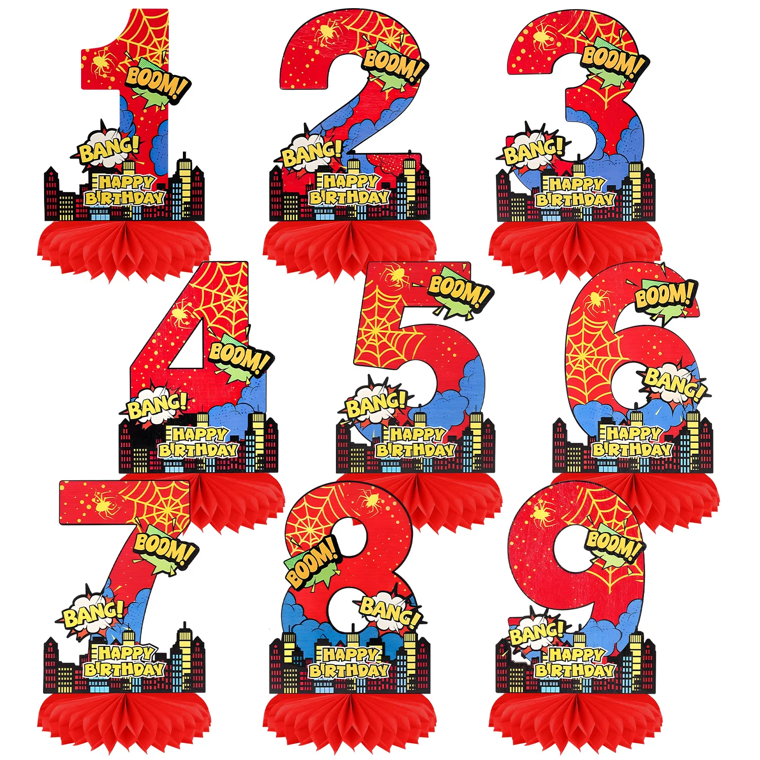 Hero City Cartoon-Thema Rotes Spinnennetz Boom Honeycomb Center Geburtstagsparty-Dekorationen Digitale Zelluläre Babyparty-Ornamente – Detail 1