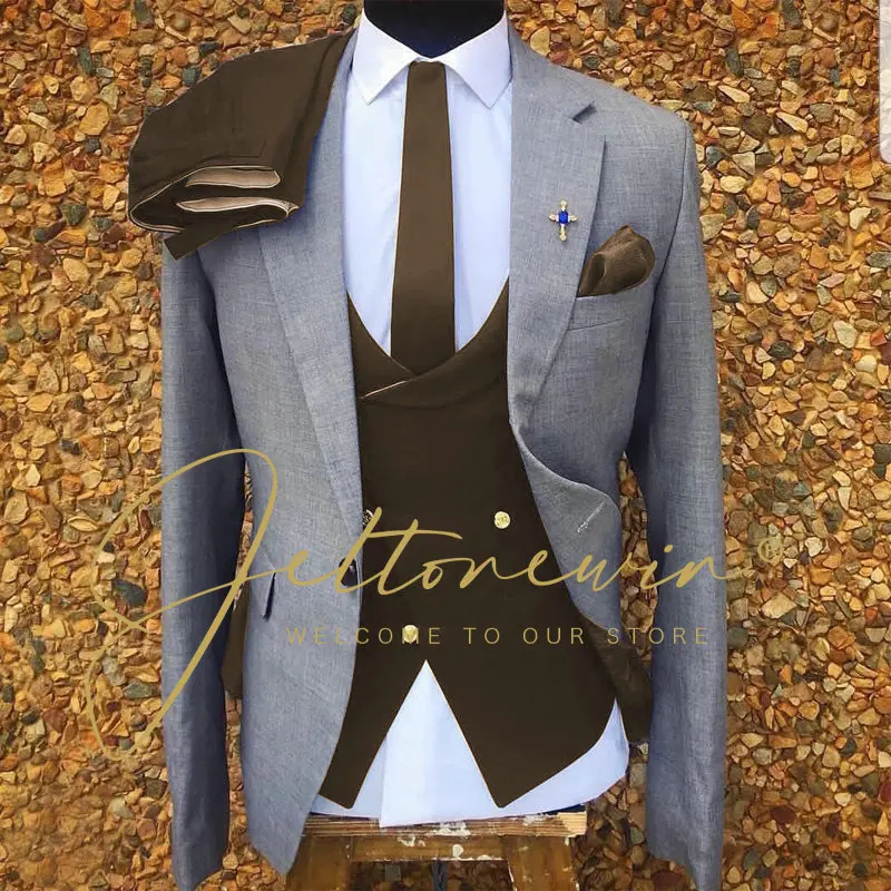 Fashion Men's Suit 3 Pieces Light Grey Blazer Beige Vest Pants One Button Business Work Wear Wedding Groom Costume Homme