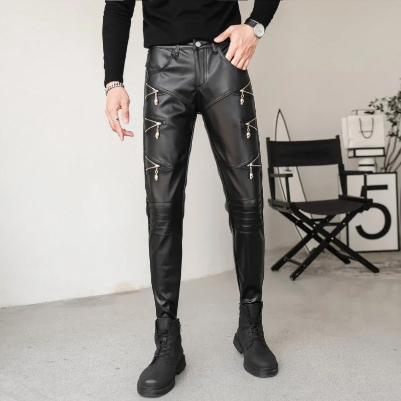 2025 New Arrived Skinny Biker Leather Pants Mens New Faux Leather Biker Trousers for Male Trouser Stage Club Wear
