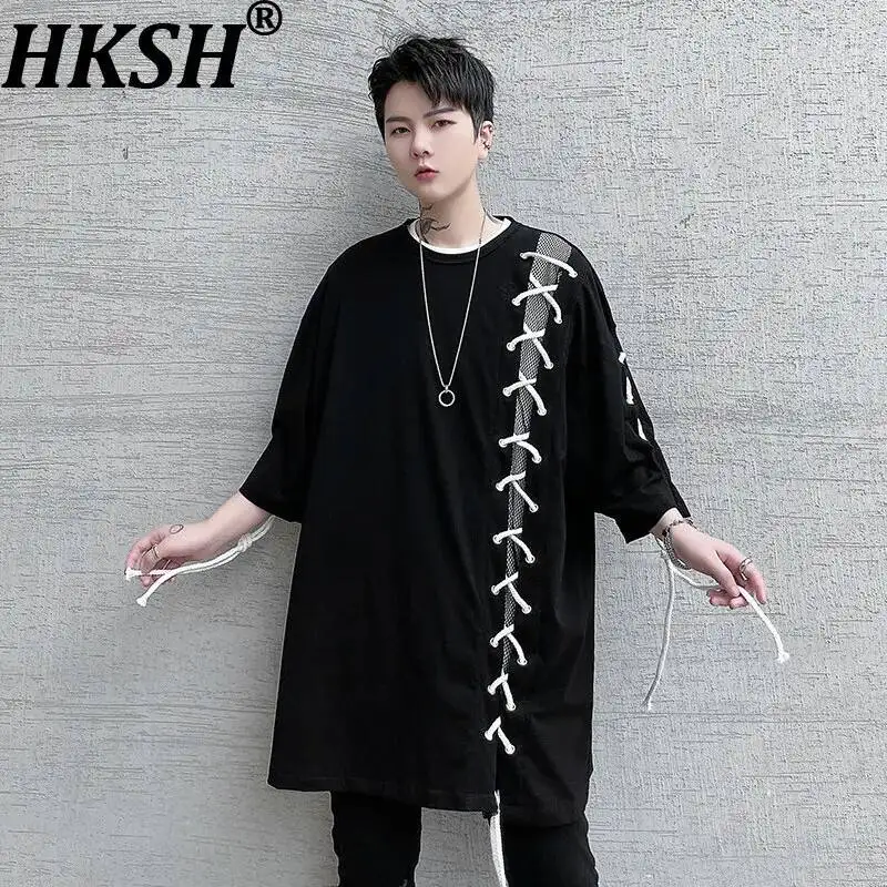 HKSH Summer New Men's Tide Dark Korean-style Personalized Drawstring Short-Sleeve T-shirt Loose High Street Fashion Tees HK22382