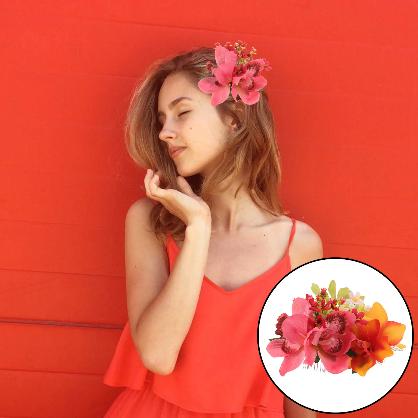 

3Pcs Hawaiian Flower Hair Combs Tropical Artificial Orchid Clips Secure Side Pins for Beach Photoshoots Bridal Party Barrettes