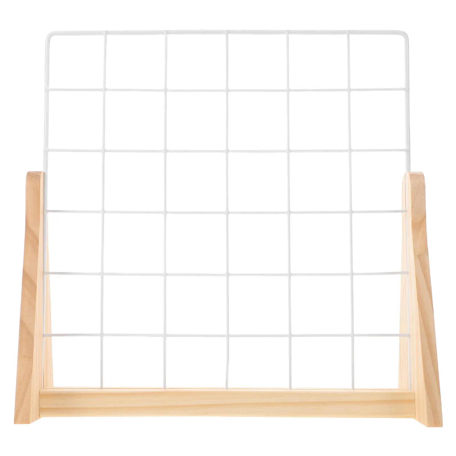 Metal Wire Grid Photo Display Rack Solid Wood Base Minimalist Jewelry Organizer Stand Retail Craft Fair Art Show Tabletop