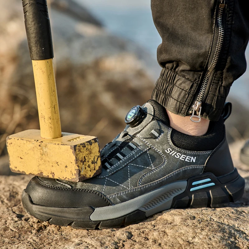

Steel Toe boots protective work sneakers anti smash Puncture-Proof Safety Shoes with Rotating Button construction shoes for men