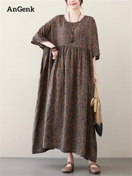 Short Sleeve Cotton Vintage Print Floral Dresses For Women 2026 Spring Summer Loose Casual Long Dress Robe Femme Elegant Clothes