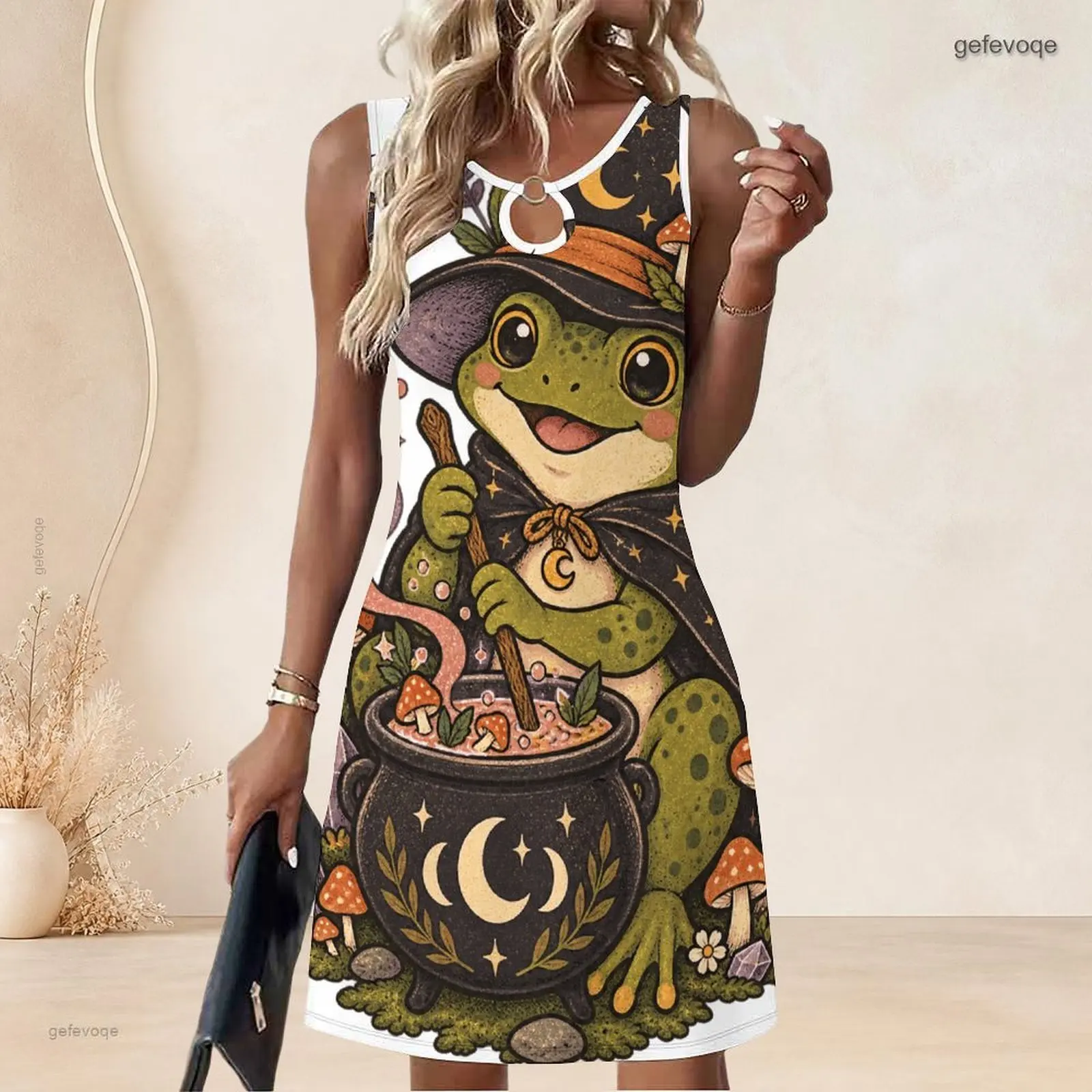Women Sleeveless A Line Mini Dress O Ring Keyhole Neckline Loose Swing Short Dress Custom Print Ladies Casual Daily Dress