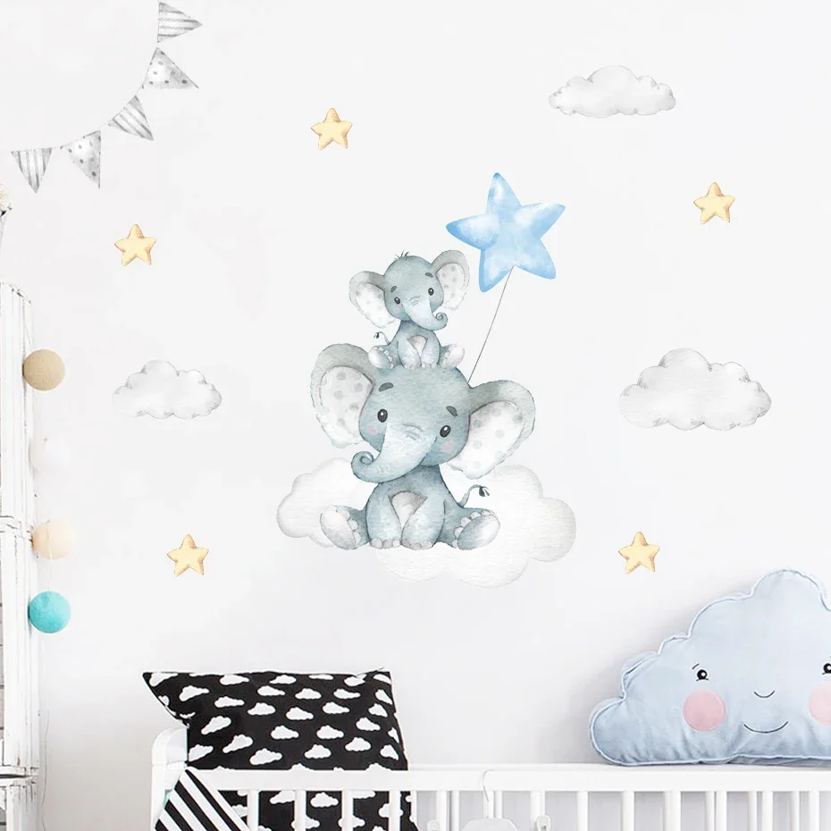 Watercolor Cartoon Elephant Moon Stars Blue Green Wall Stickers Nursery Wall Decals Art Posters Kids Bedroom Interior Home Decor