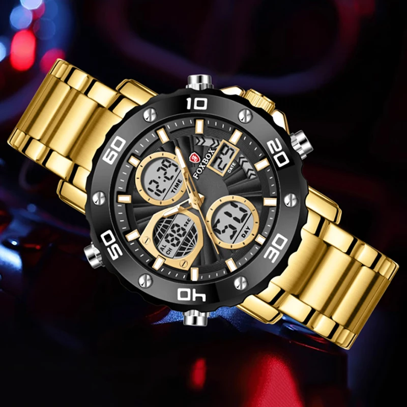 FOXBOX New Gold Big Dial Watch Men Casual Sports LED Chronograph Luminous Wristwatch Man Clock Waterproof Quartz Men's Watches
