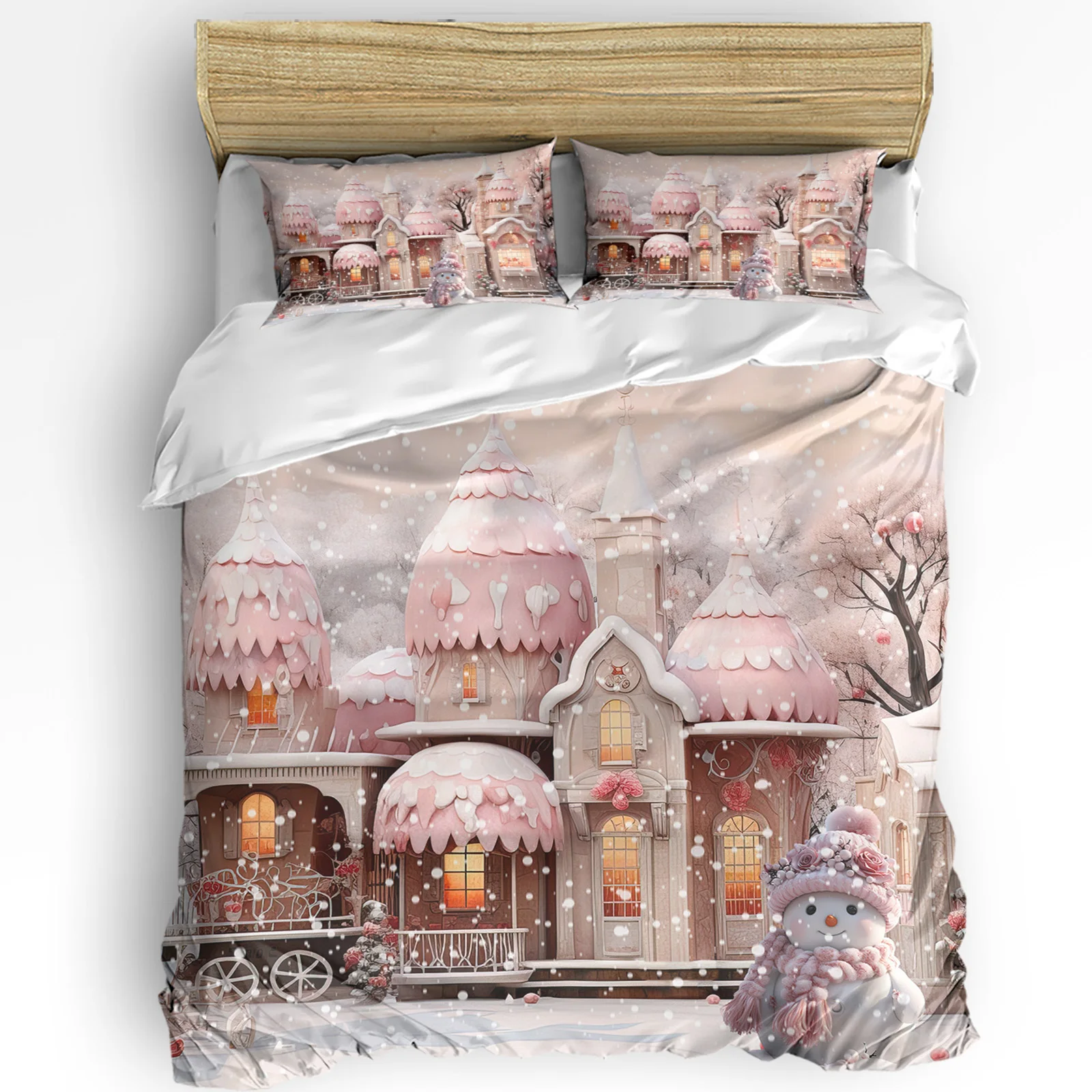 

Christmas Snowman Snow Scene Pink House 3pcs Bedding Set For Double Bed Home Textile Duvet Cover Quilt Cover Pillowcase