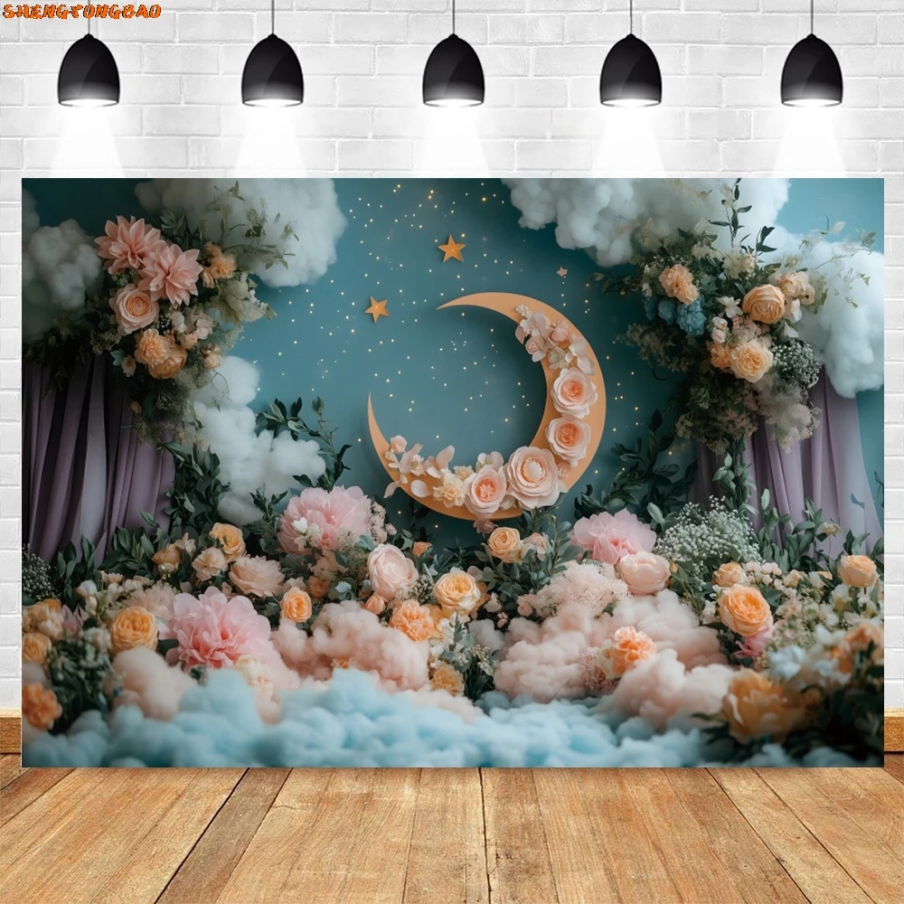Moon Wonderland Theme Photography Backdrop Flowers Princess Birthday Party Decor Kids Portrait Background Photobooth Supplies