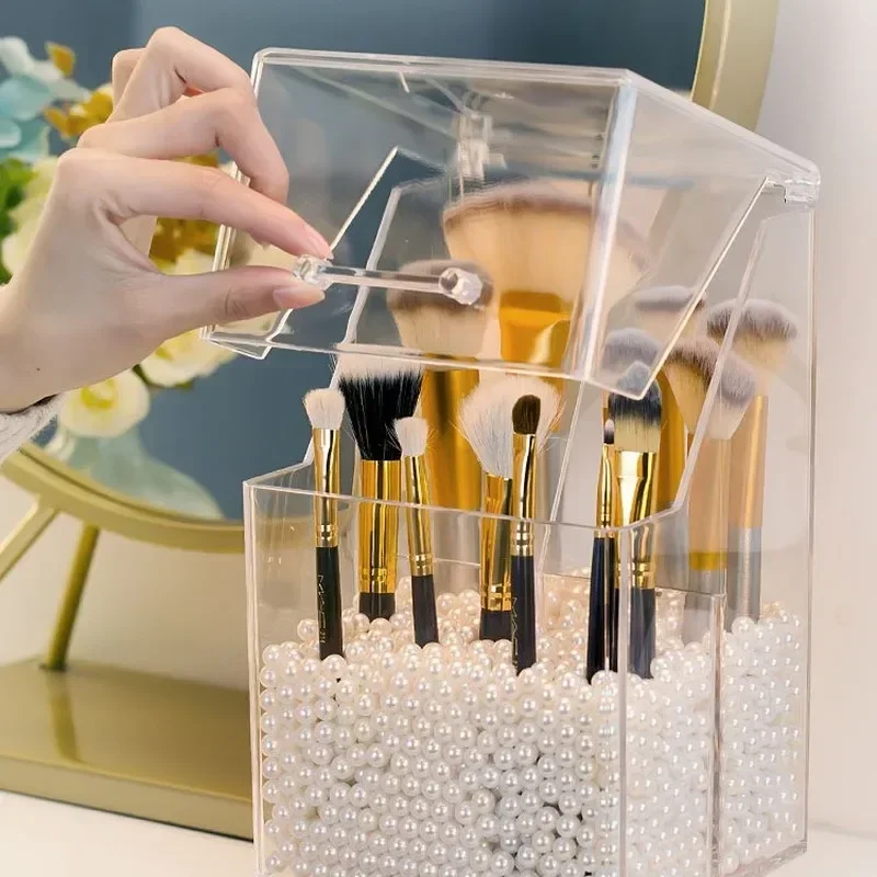 Plastic Makeup Brush Storage Box with 500g Beads Transparent Cosmetic Brush Organizer with Lid Beauty Eyebrow Pencil Case