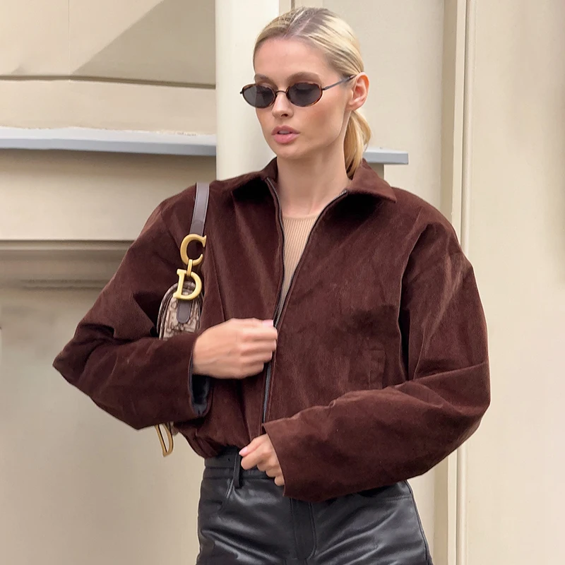 Tornova Retro Brown Jackets Coat Women's Lapel Zipper Long Sleeves Loose Coat Autumn Winter New Leisure Commuting Jacket