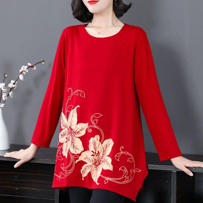 

Casual Fashion Floral Printing Long Sleeve Tops Ladies New Spring Autumn Simple Round Neck Loose T-shirt Women's Clothing XQ178