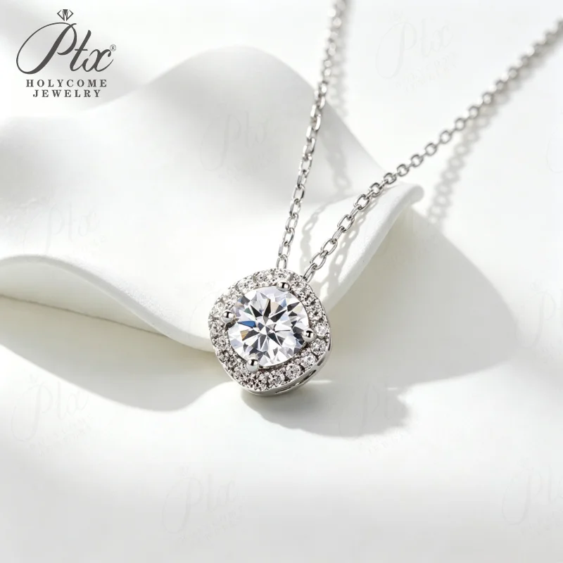 Square & Round Halo 1CT Moissanite 925 Sterling Silver Pendant Necklace D Color VVS1 Lab Diamond Necklace For Women Jewelry